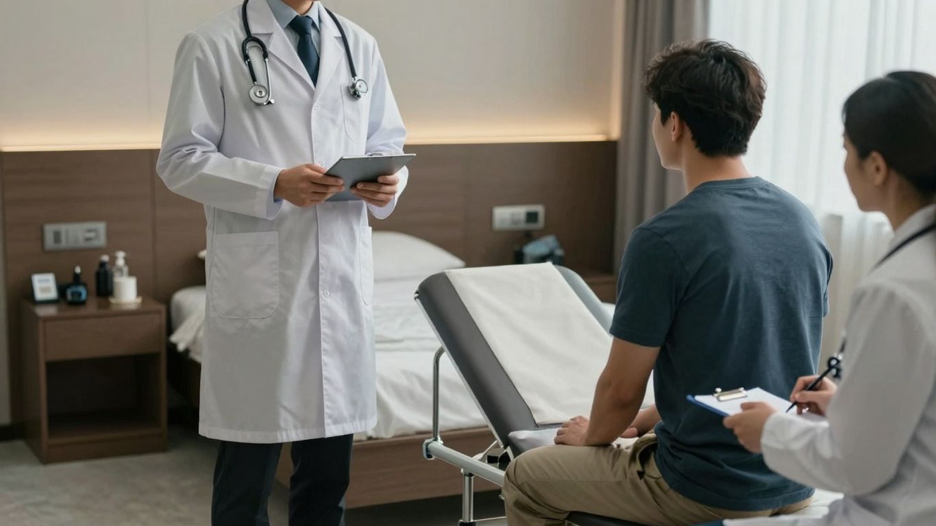 Hotel doctor vs. clinic visit medical care comparison.