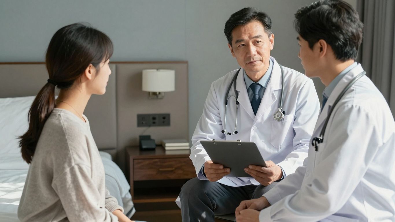 Doctor assisting a guest in a hotel room.