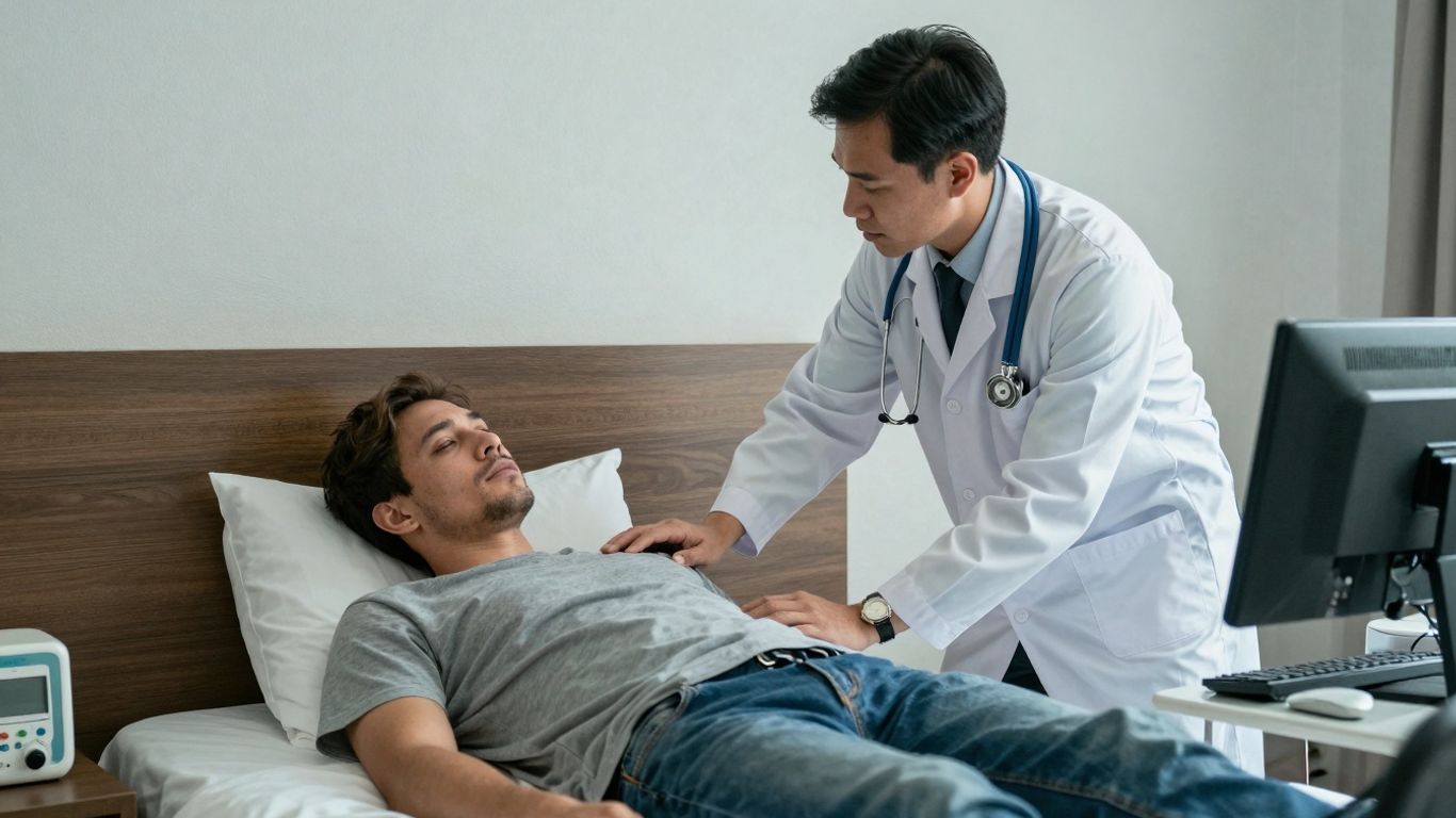 Doctor visiting a traveler in a hotel room in Patong.