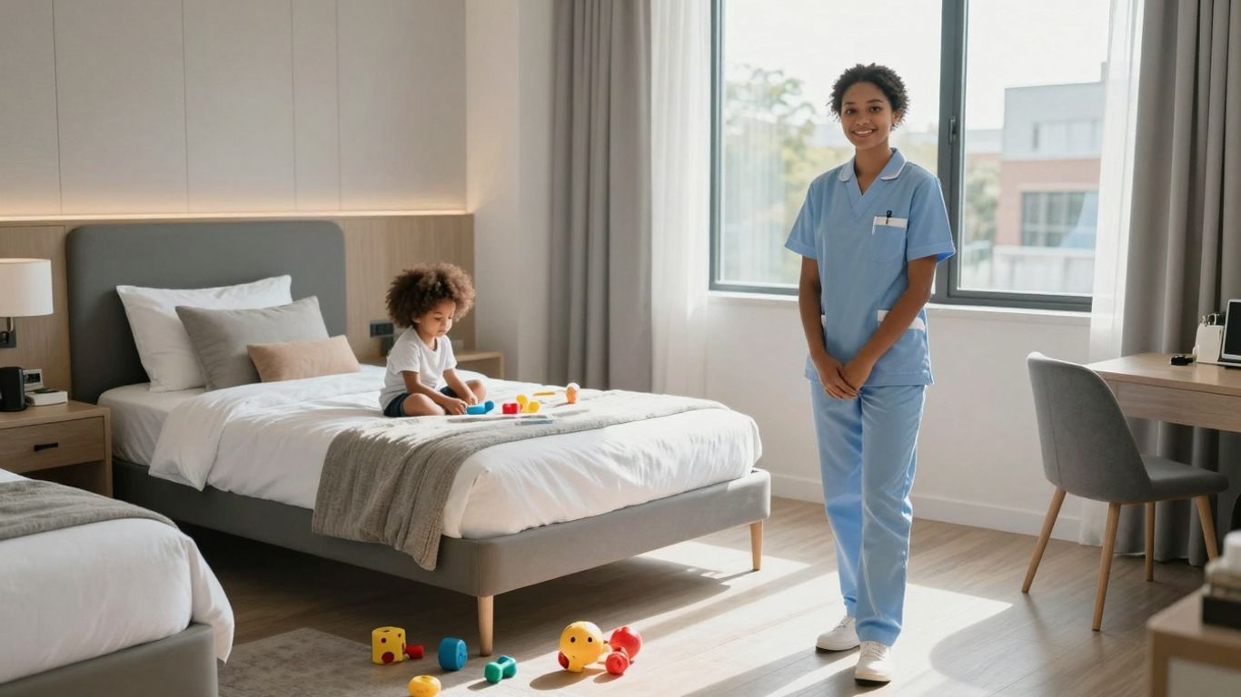 Child in hotel room with nurse.