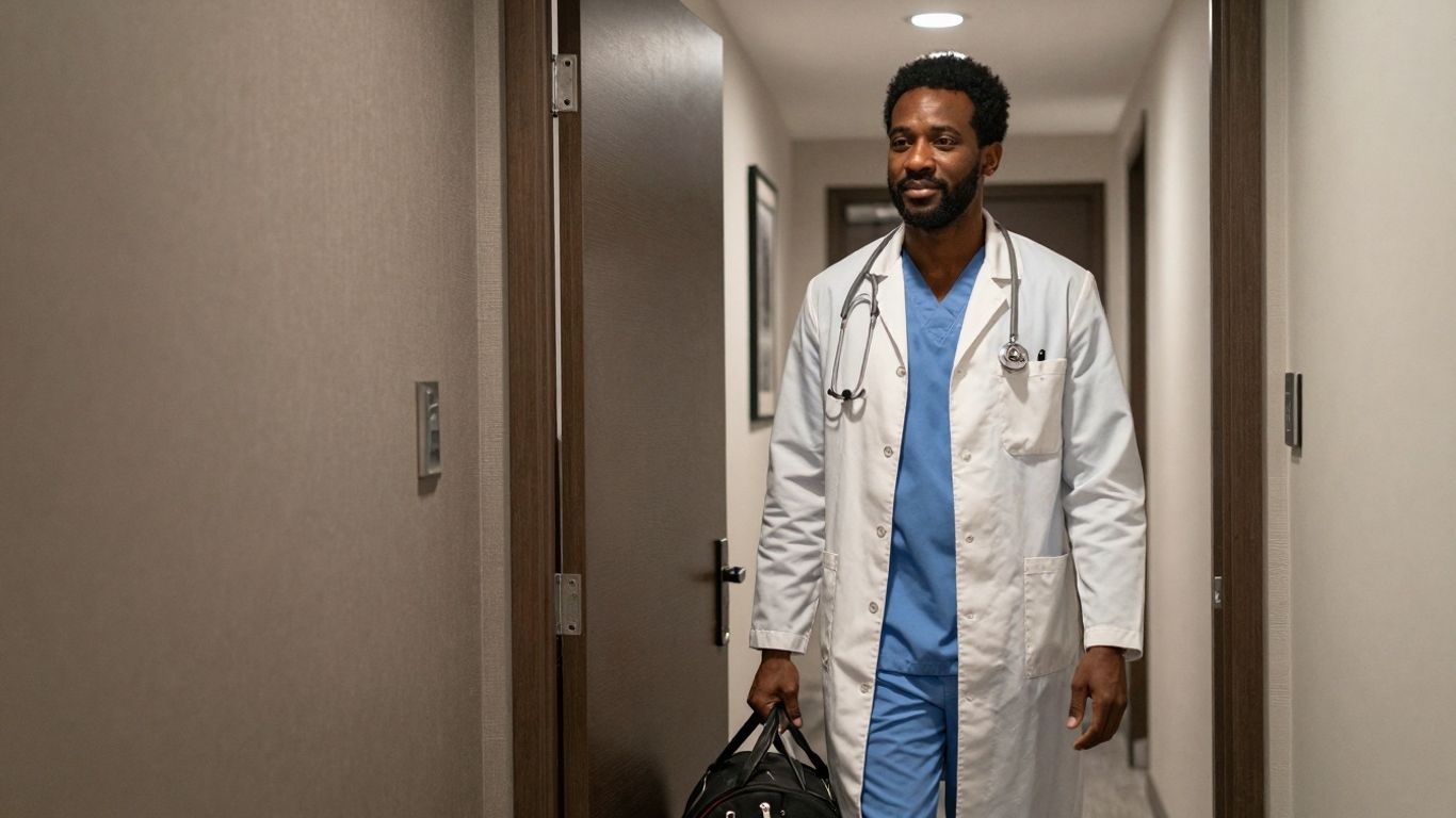 Doctor visiting a hotel room for patient care.